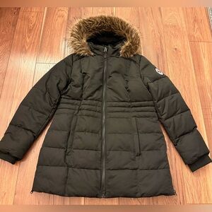 Women's Black Long Puffer Coat with Faux-Fur Trimmed Hood